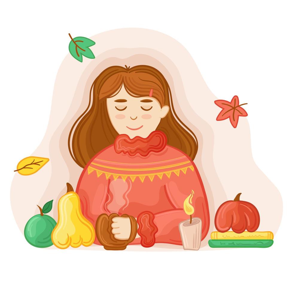 illustration vectorielle fille profiter de l'automne avec une tasse de thé chaud près des citrouilles et des feuilles d'automne, des bougies. vecteur