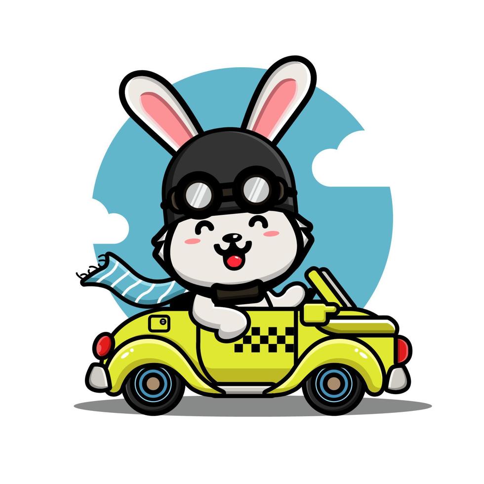 lapin mignon conduisant une voiture jaune vecteur