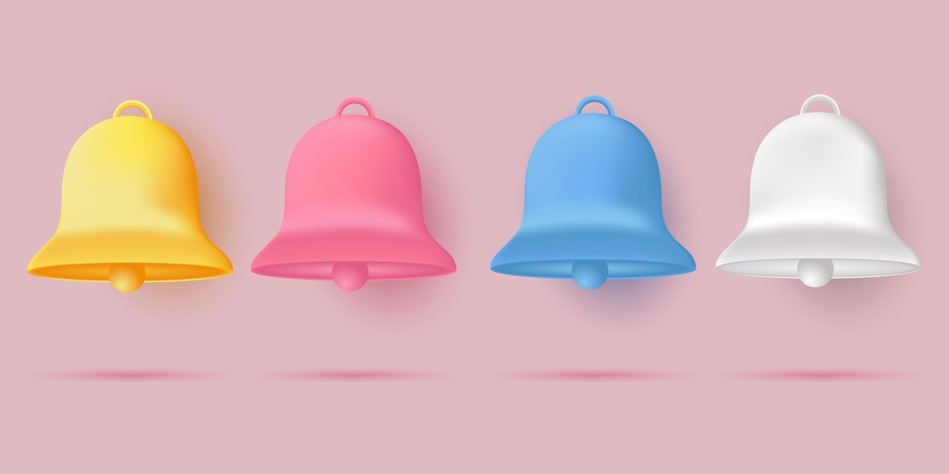 icône 3d de notification. adorable clochette jaune, rose, bleue et blanche. Rendu de modèle 3d pour fond isolé de conception vecteur