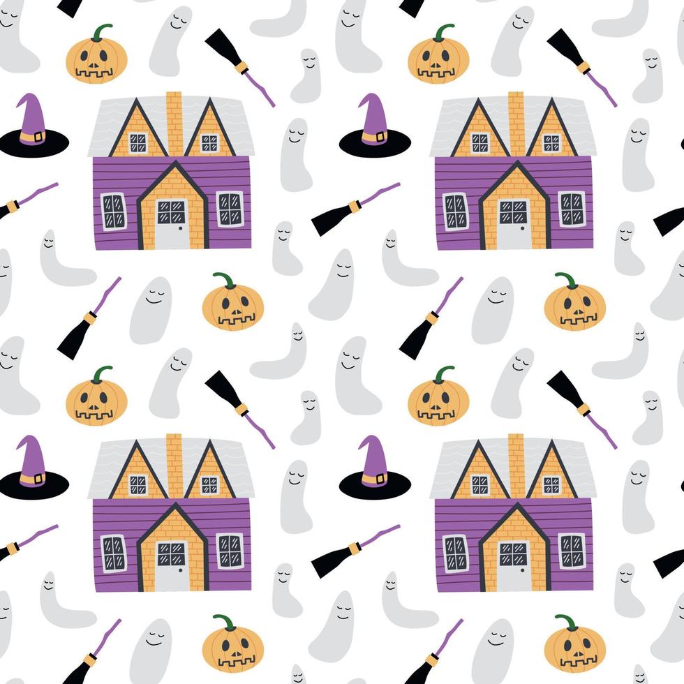 modèle sans couture de vecteur halloween. mignon cottage et citrouilles en style cartoon isolés sur fond blanc