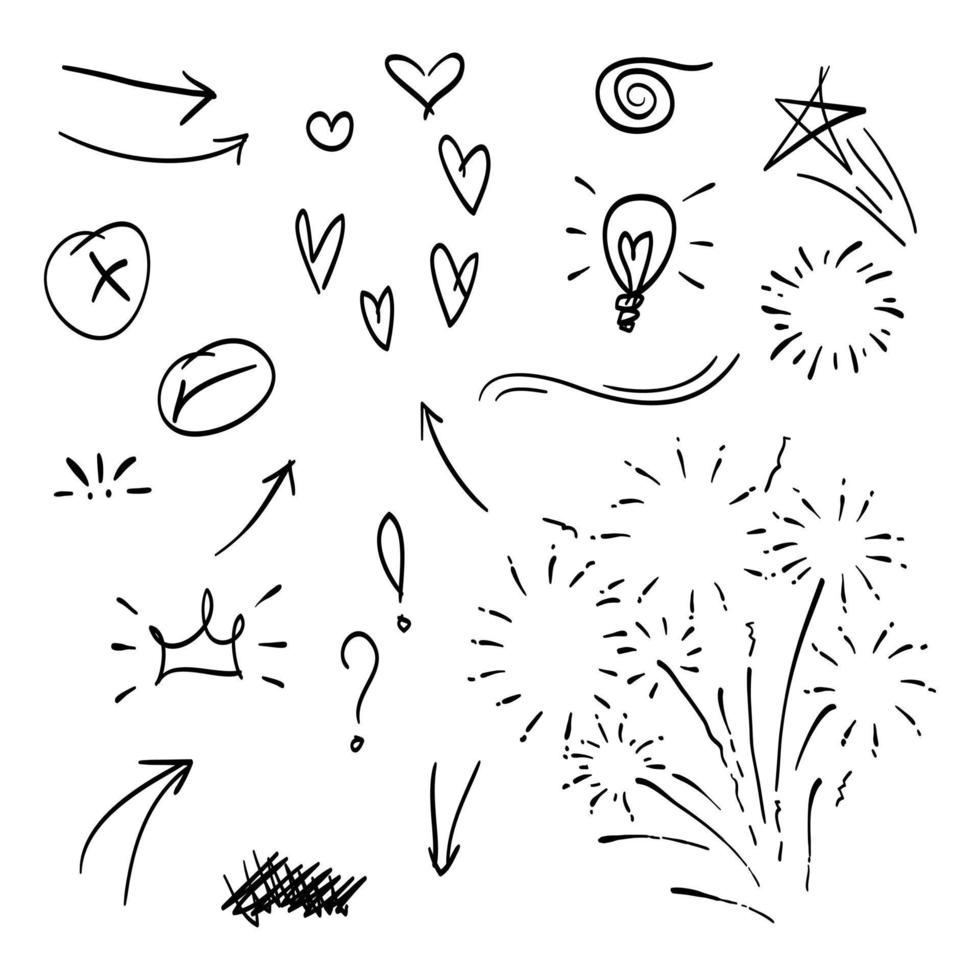 éléments de doodle pour la conception de concept. isolé sur fond blanc. éléments infographiques. coup de pinceau, bruissements bouclés, swoops, tourbillon, flèche, coeur, couronne, étoile. illustration vectorielle. vecteur