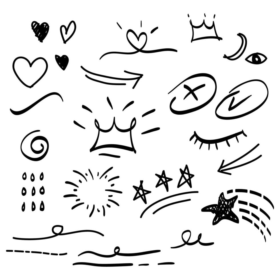 éléments de doodle pour la conception de concept. isolé sur fond blanc. éléments infographiques. coup de pinceau, bruissements bouclés, swoops, tourbillon, flèche, coeur, couronne, étoile. illustration vectorielle. vecteur