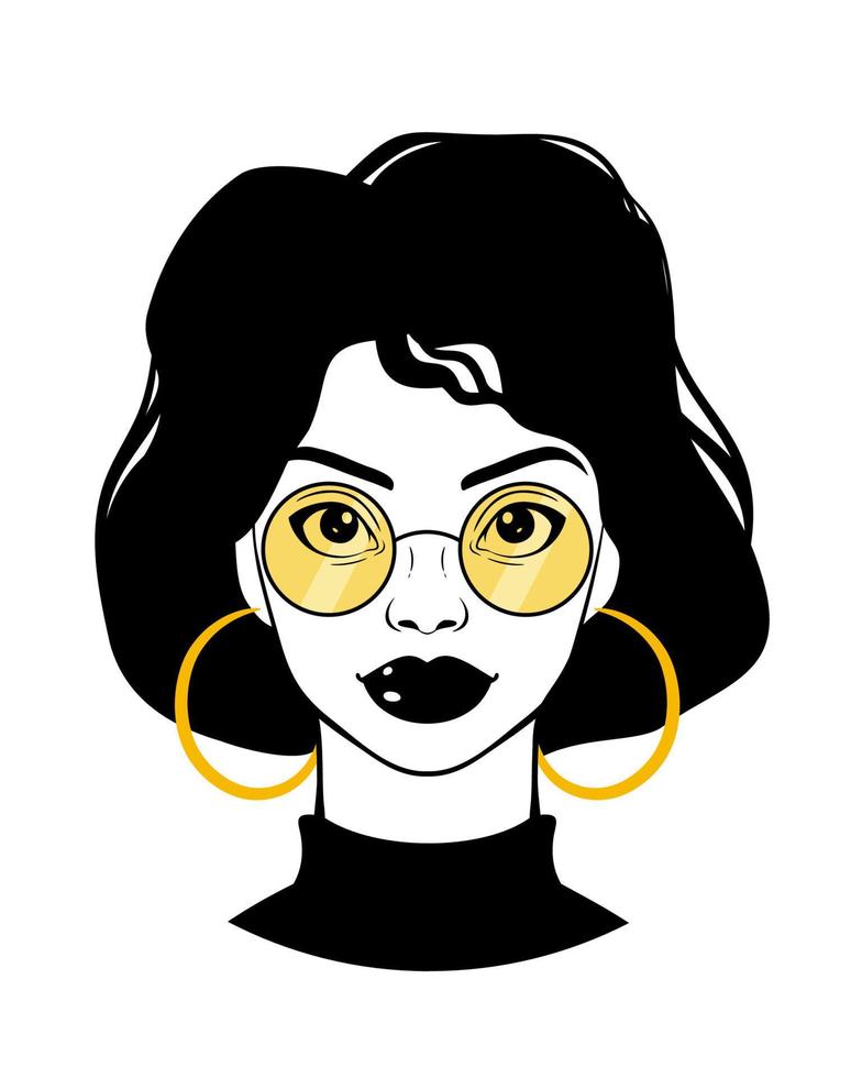 belle femme. fille de dessin animé portant des lunettes de soleil et des boucles d'oreilles rondes. illustration de mode sur fond blanc vecteur