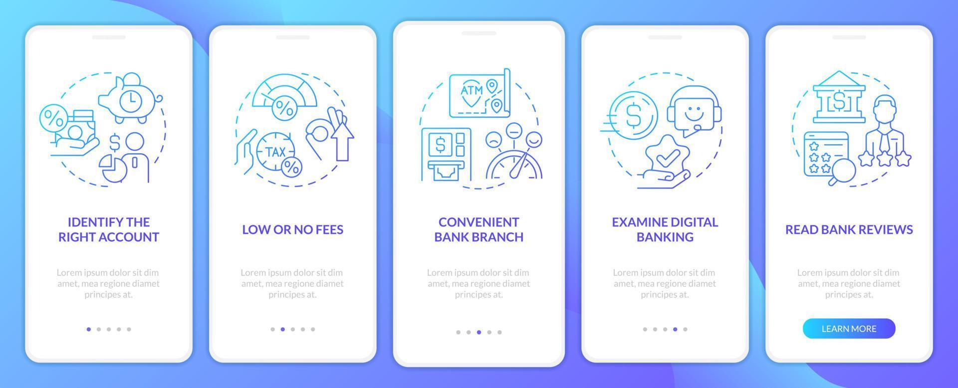 choisissez l'écran de l'application mobile d'intégration du dégradé bleu banque. Avantages pour le client Instructions graphiques en 5 étapes avec des concepts linéaires. ui, ux, modèle d'interface graphique. vecteur