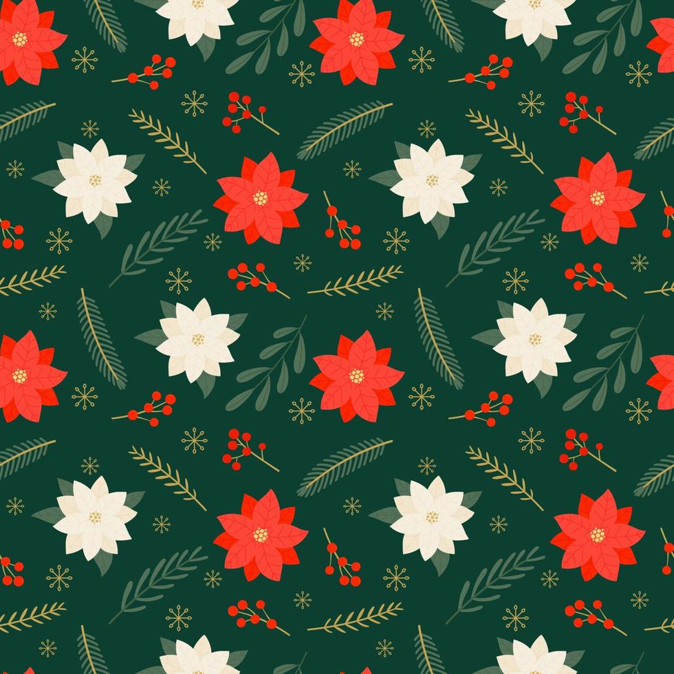 motif de noël sans couture avec fleurs de poinsettia, branches, baies et flocons de neige sur fond vert foncé. vecteur