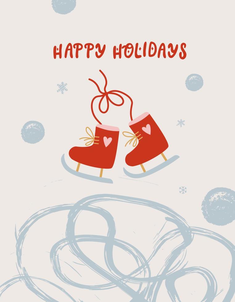 carte de voeux de doodle dessinés à la main de noël avec de jolis patins confortables, lettrage de joyeuses fêtes, style doodle d'hiver. vecteur