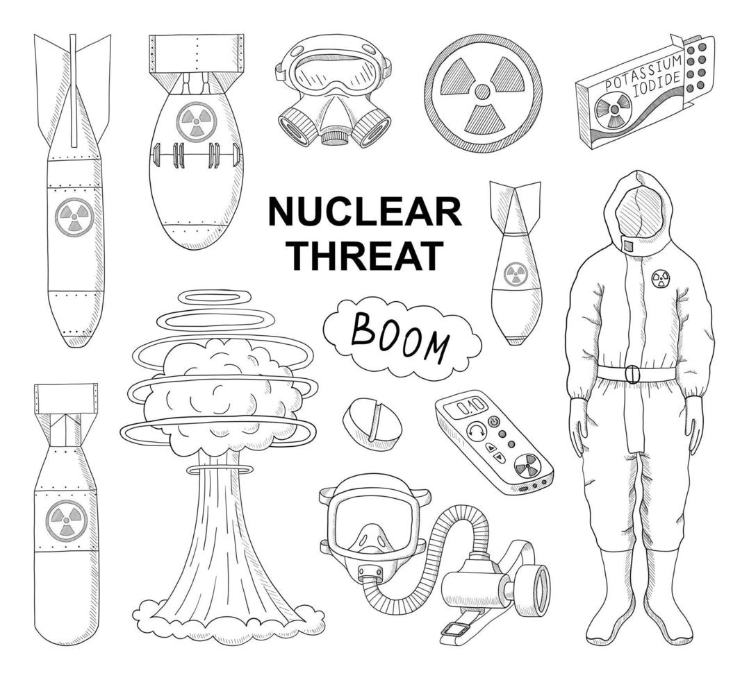 vecteur noir et blanc collection d'attributs de guerre nucléaire