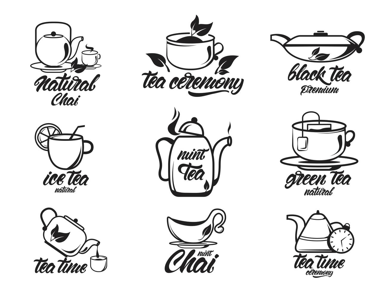 chai, service à thé avec lettrage, collection noir et blanc vecteur