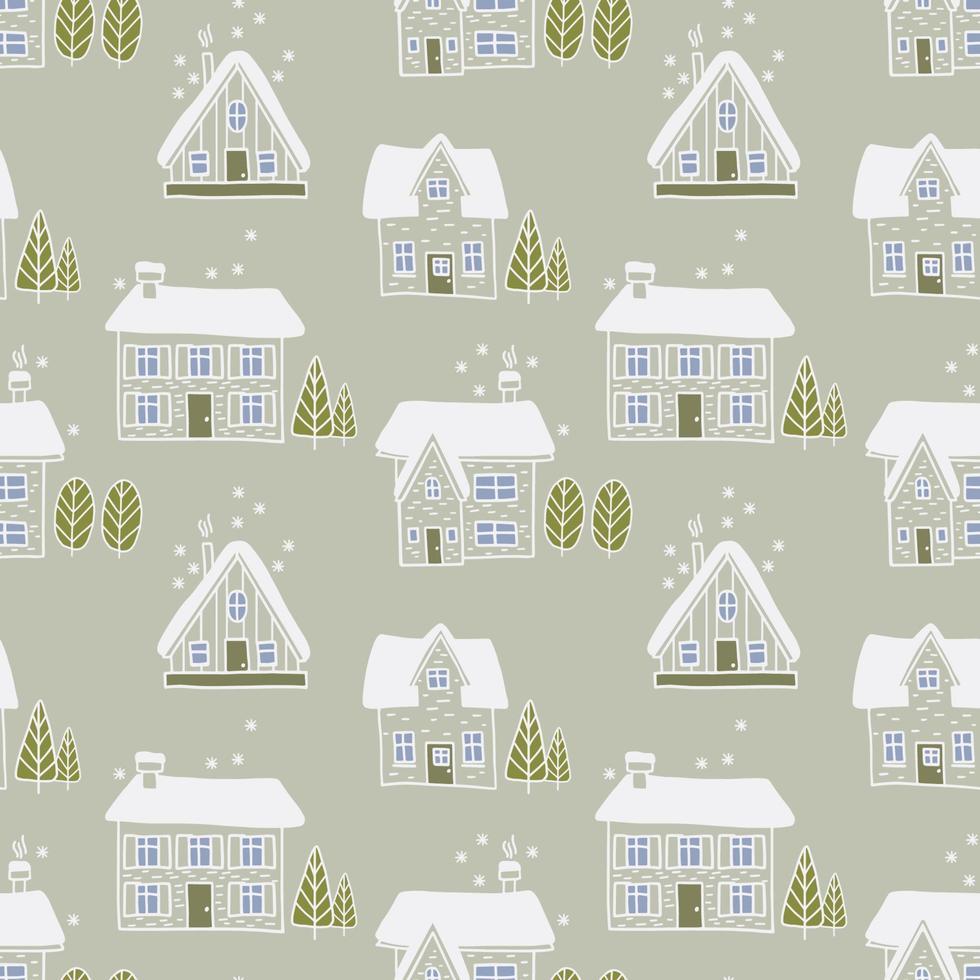 belles maisons avec cheminées, arbres et sapins. neige sur les toits. modèle vectorielle continue. peut être imprimé et utilisé comme papier d'emballage de Noël, papier peint, textile, tissu, etc. vecteur