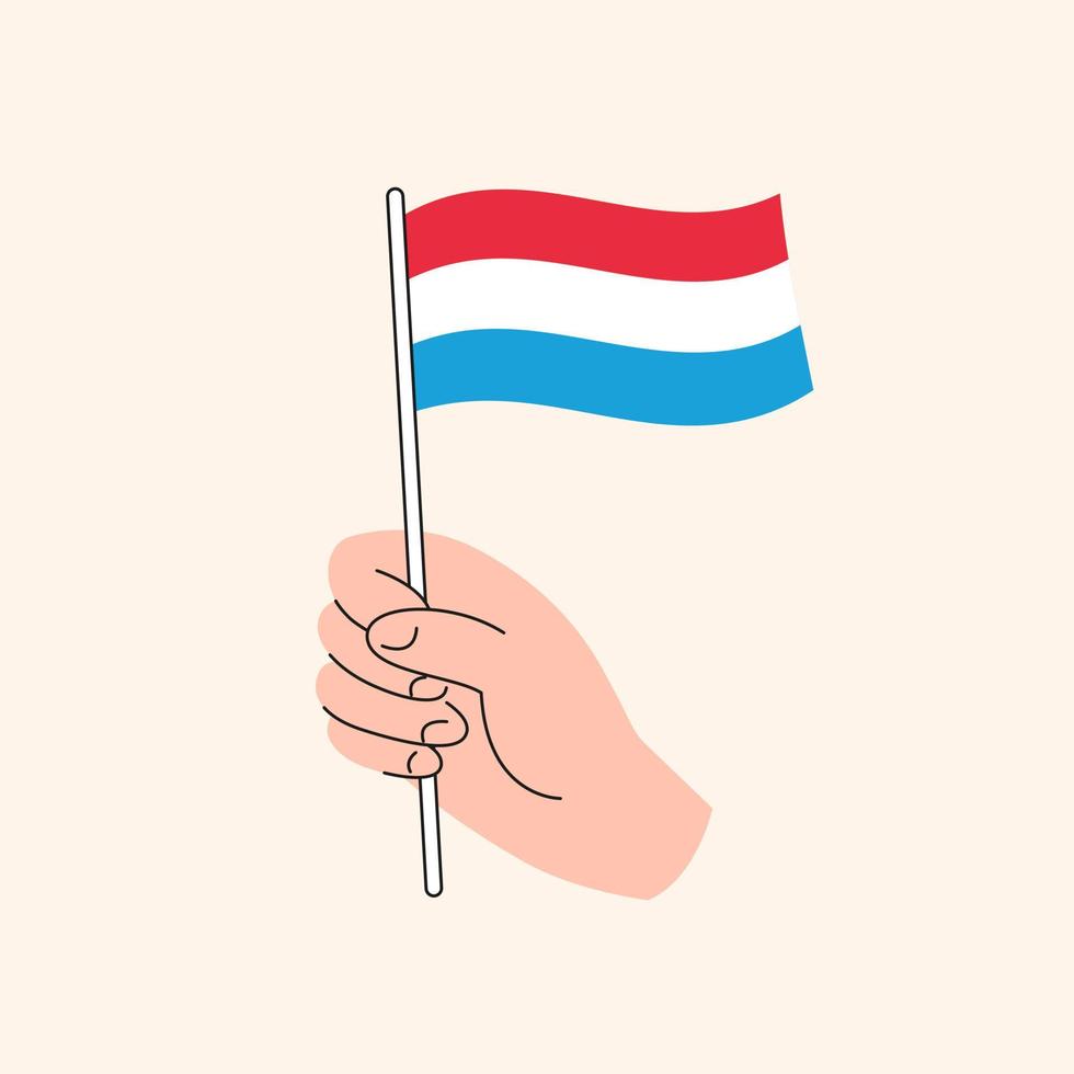 main de dessin animé tenant le drapeau luxembourgeois, drapeau du luxembourg, illustration de concept, vecteur isolé de conception plate.