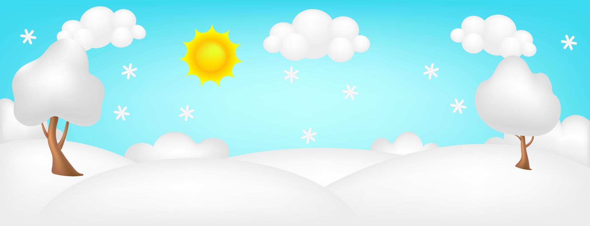 illustration vectorielle 3d de panorama de prairie. paysage lumineux du fond des enfants de la vallée d'hiver. joli paysage coloré avec neige, arbres, flocons de neige, ciel bleu, soleil, nuages pour les enfants. joyeux Noël. vecteur