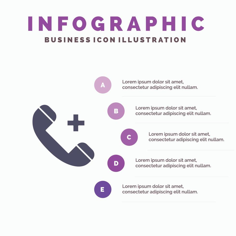 appel sonner hôpital téléphone supprimer solide icône infographie 5 étapes présentation arrière-plan vecteur