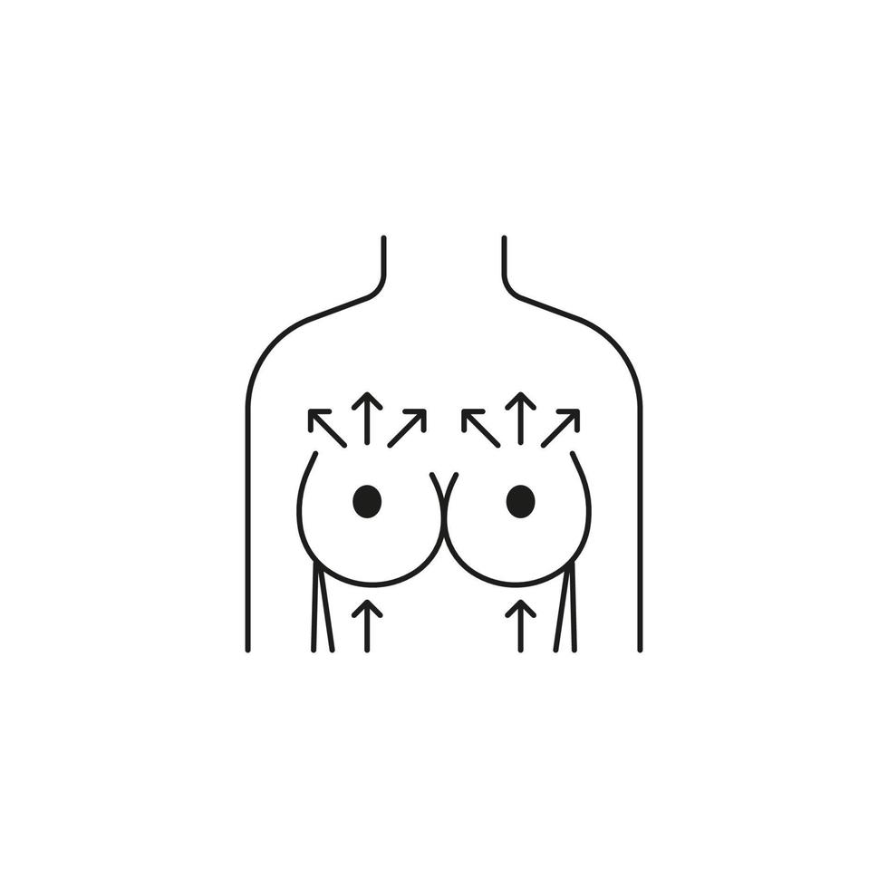 augmentation de la taille des seins de la femme, icône de la ligne. pleine forme et grande taille. chirurgie plastique, levage de la vue de face du sein. illustration vectorielle vecteur