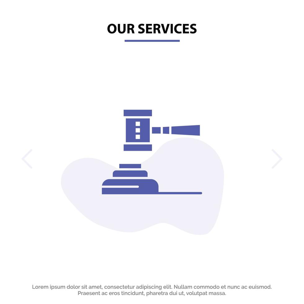 nos services loi action vente aux enchères tribunal marteau marteau juge légal solide glyphe icône modèle de carte web vecteur