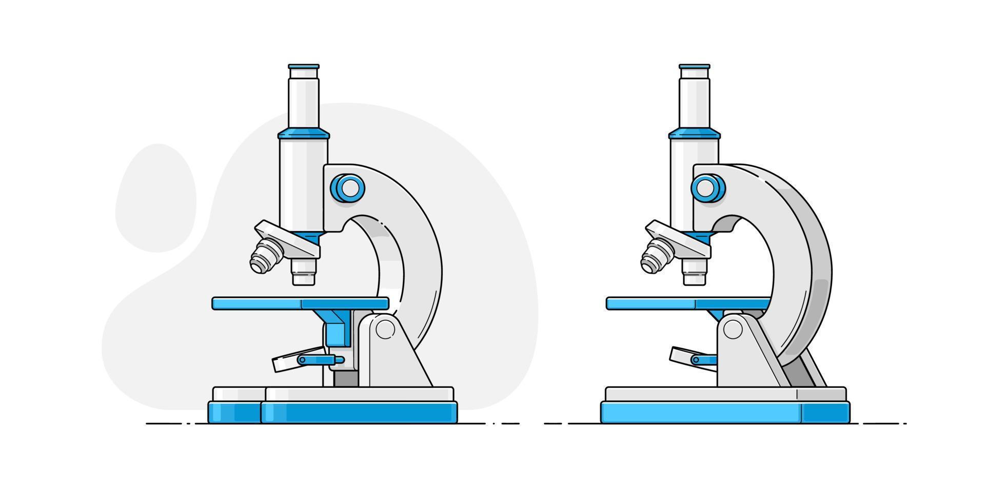 différents côtés du microscope dans un style plat avec contour sur fond blanc. illustration vectorielle isolée pour la conception médicale. recherche en laboratoire de chimie. équipement médical vecteur