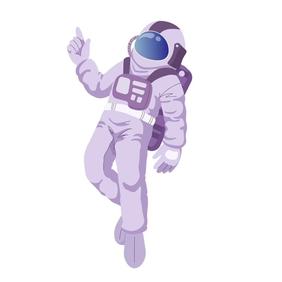 astronaute flottant et pointant avec la main. illustration vectorielle en style cartoon. isolé sur fond blanc. vecteur