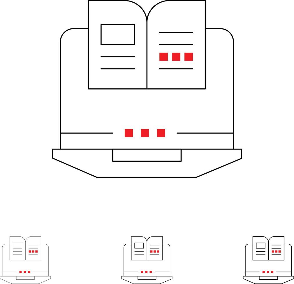 matériel de livre d'ordinateur portable jeu d'icônes de ligne noire audacieuse et mince vecteur
