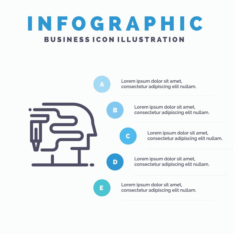 impression humaine grande icône de ligne de réflexion avec fond d'infographie de présentation en 5 étapes vecteur