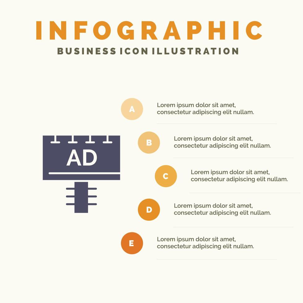 panneau publicitaire enseigne publicitaire icône solide infographie 5 étapes fond de présentation vecteur