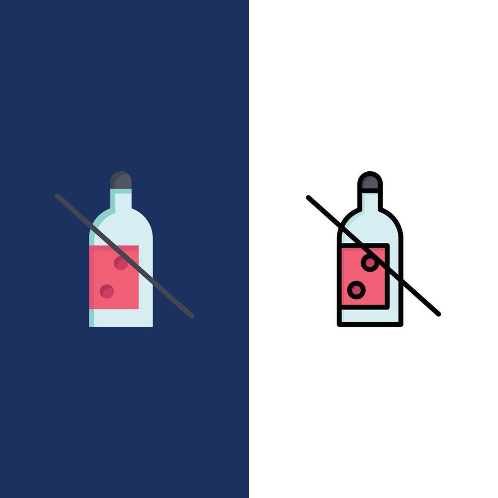 bouteille d'alcool interdite pas d'icônes de whisky plat et ligne remplie icône ensemble vecteur fond bleu