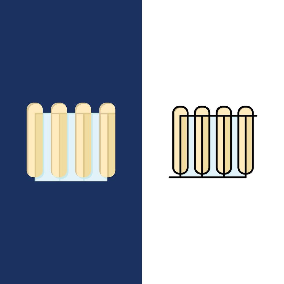 chauffe-batterie radiateur chaud icônes de chauffage plat et ligne remplie icône ensemble vecteur fond bleu