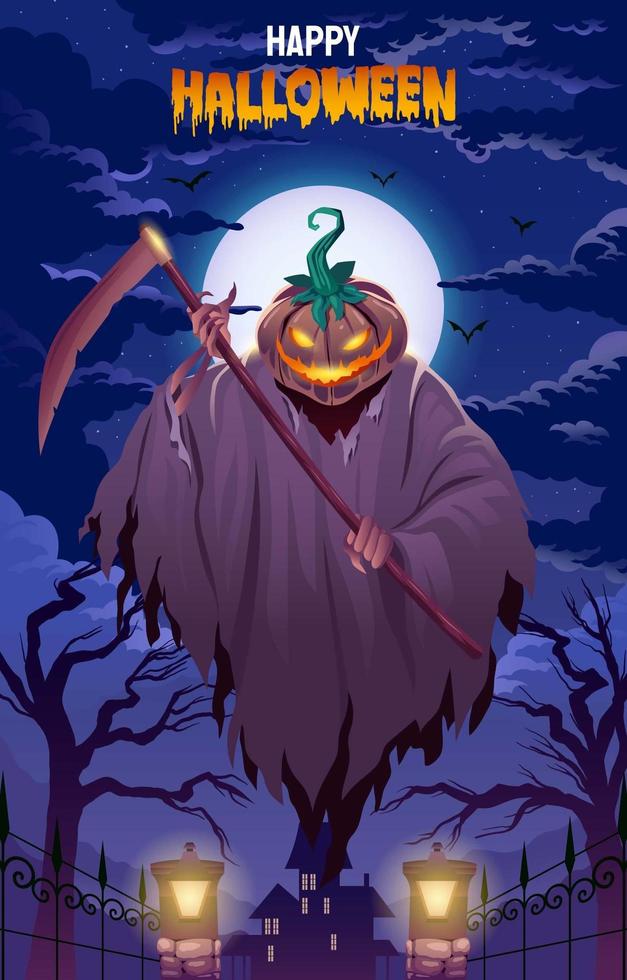 affiche joyeux halloween avec citrouille effrayante vecteur