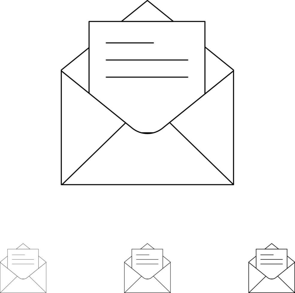 e-mail message texte gras et fine ligne noire jeu d'icônes vecteur