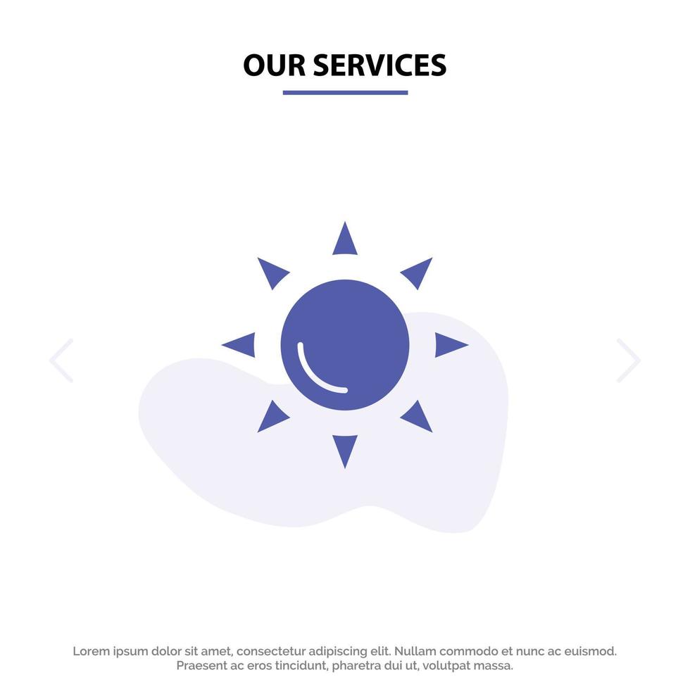 nos services plage soleil brillant icône de glyphe solide modèle de carte web vecteur