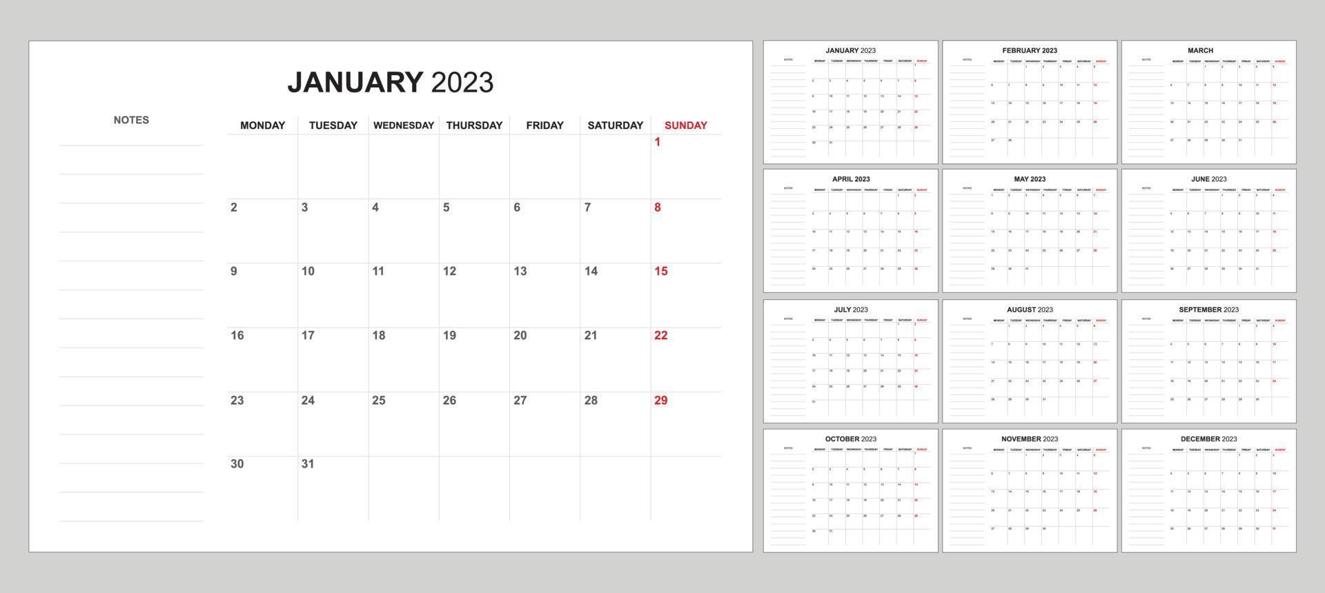 calendrier simple et minimaliste 2023 commence le lundi vecteur