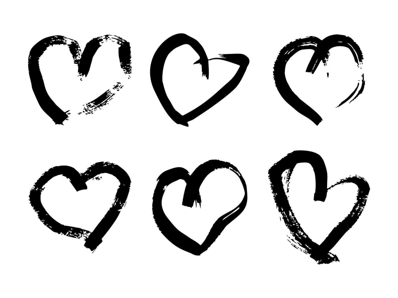 coeurs de pinceau dessinés à la main. ensemble de six coeurs de doodle noir grunge sur fond blanc. symbole de l'amour romantique. illustration vectorielle. vecteur