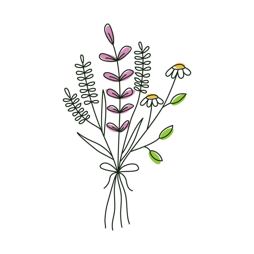 mignon petit bouquet doodle avec marguerite et feuilles vecteur