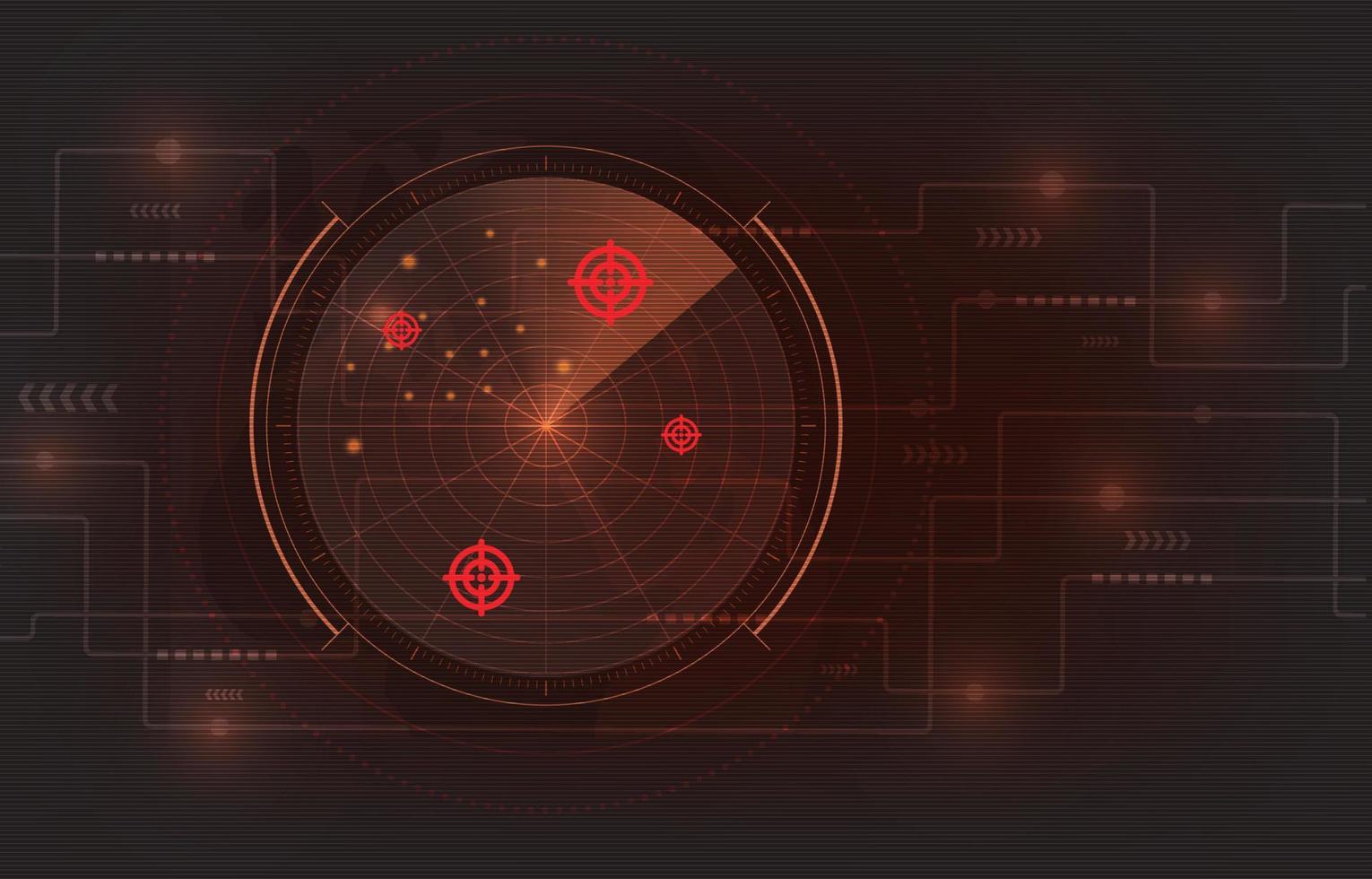ton rouge du radar polaire avec icône cible et circuit de technologie de fond abstrait. cyberattaque, concept de piratage. illustration vectorielle. vecteur