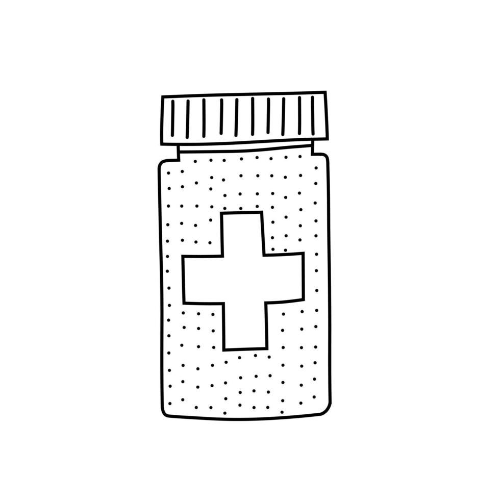 illustration vectorielle dessinée à la main d'une bouteille de médicament dans un style doodle. jolie illustration d'un flacon de médicament sur fond blanc. vecteur