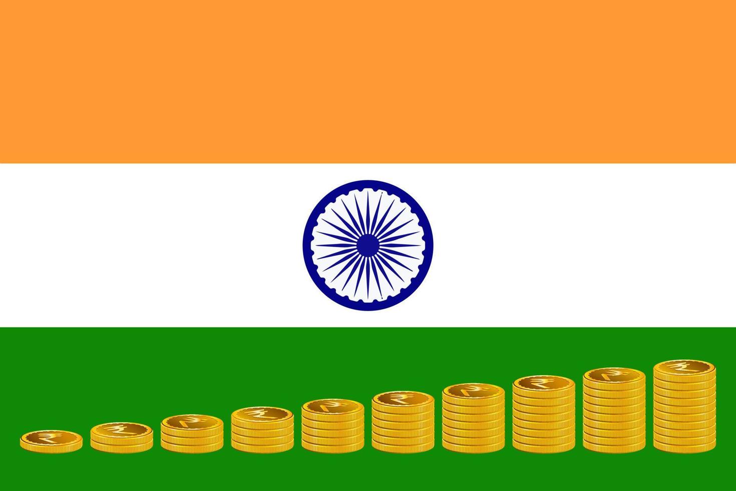 piles de pièces de monnaie en roupie dorée sur le fond du drapeau de l'inde. vecteur
