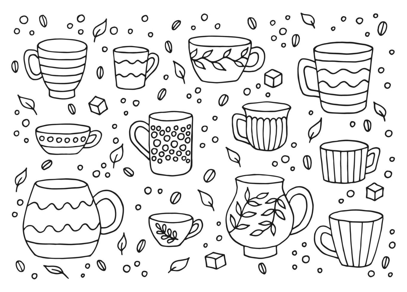 tasse de tasse dessinée à la main. ensemble de tasses de style doodle. illustration vectorielle isolée sur fond blanc. vecteur