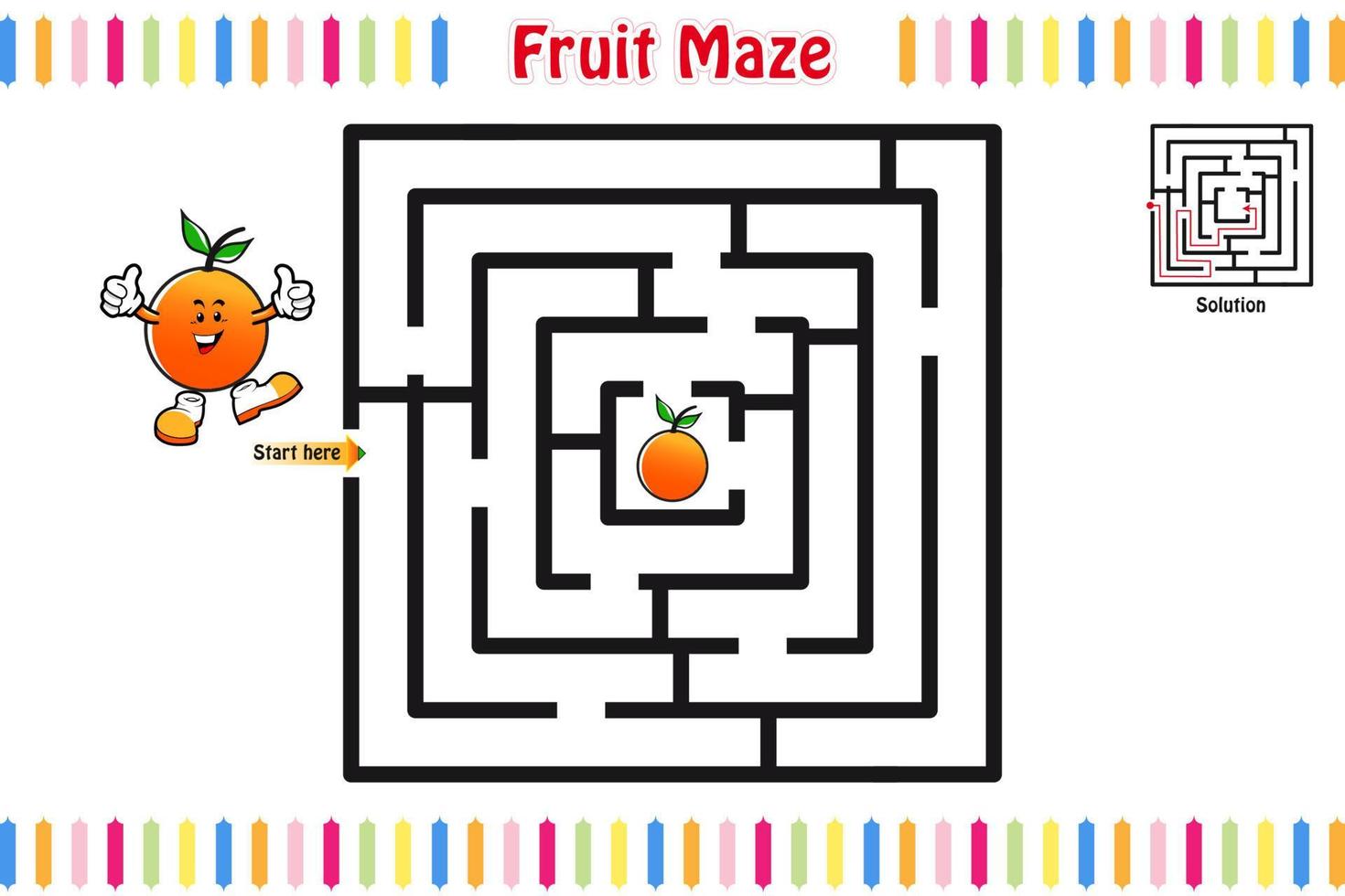 puzzle de labyrinthe, labyrinthe éducatif pour enfants avec fruits, labyrinthe pour enfants, illustration vectorielle isolée, style de dessin animé de mascotte, personnages de fruits vecteur