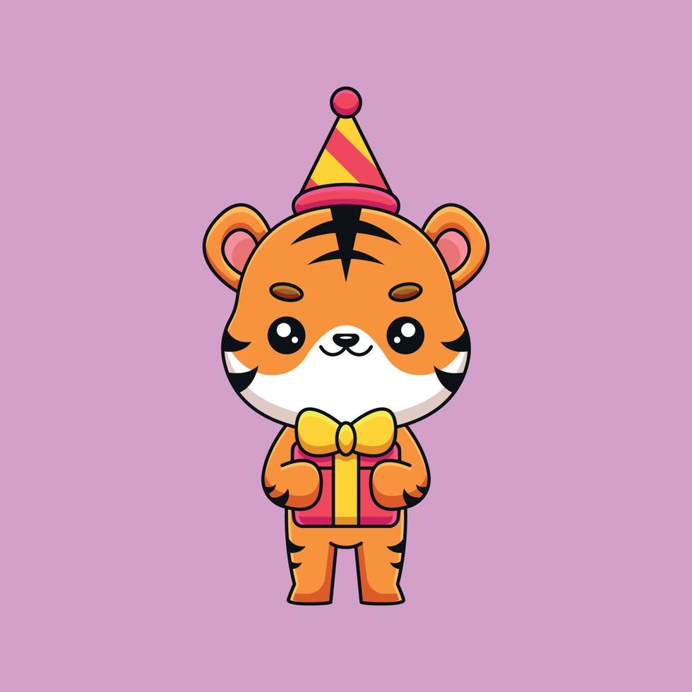 mignon anniversaire tigre dessin animé mascotte doodle art concept dessiné à la main vecteur kawaii icône illustration