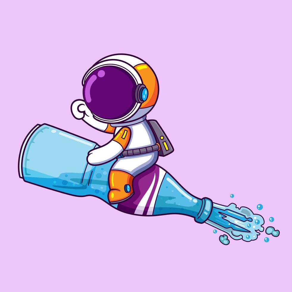 le mignon astronaute conduit la bouteille volante magique dans le ciel vecteur