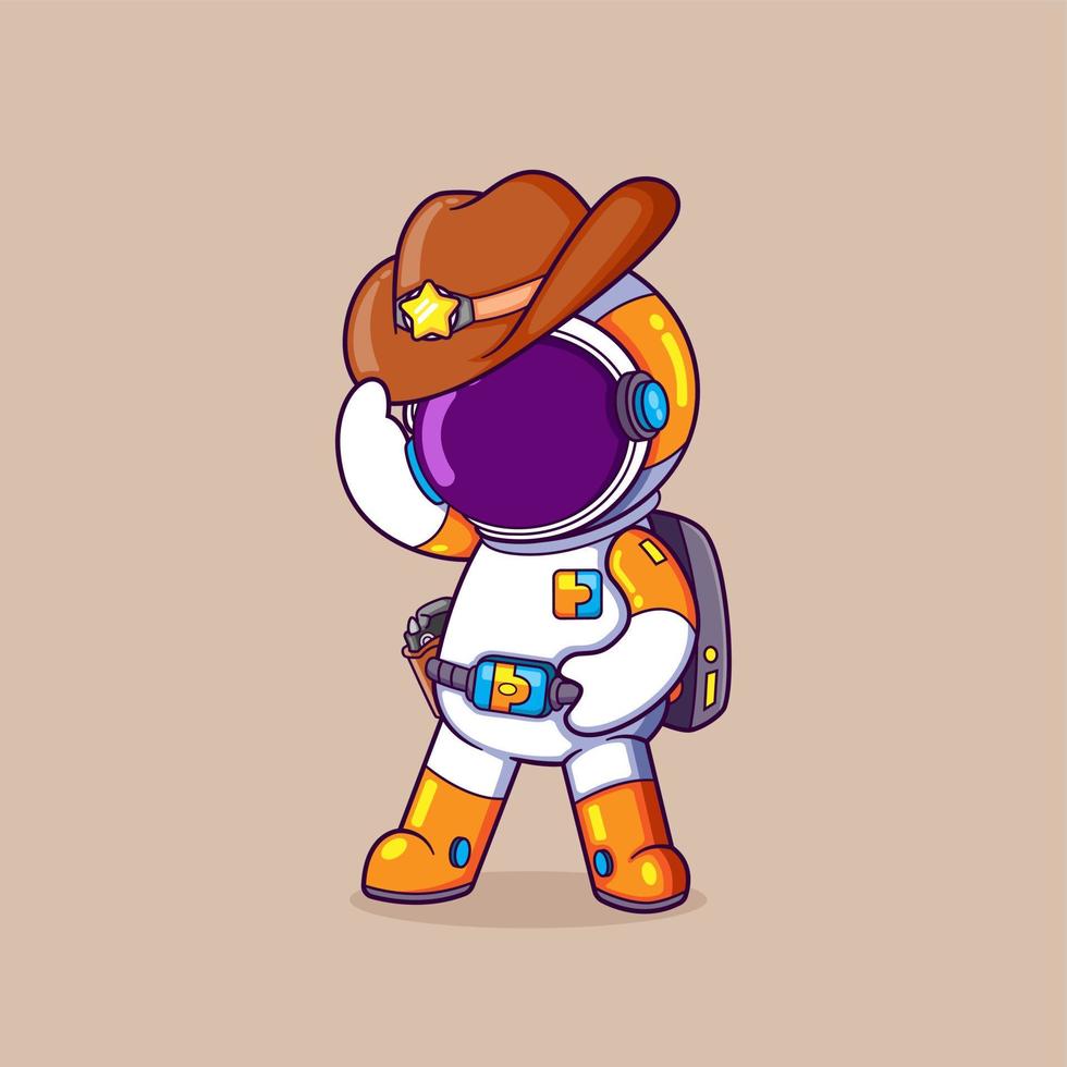 l'astronaute pose avec un costume de cow-boy avec une arme à feu et un chapeau en position debout vecteur