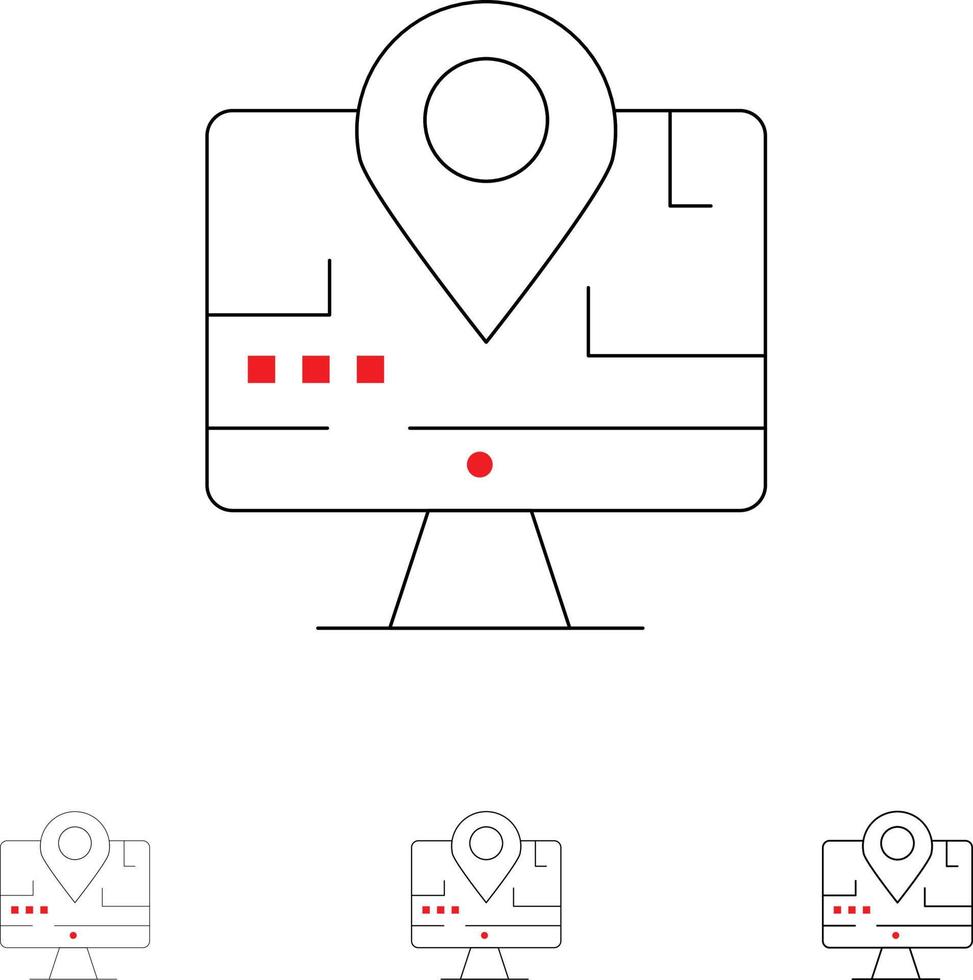carte d'ordinateur emplacement éducation jeu d'icônes de ligne noire audacieuse et mince vecteur