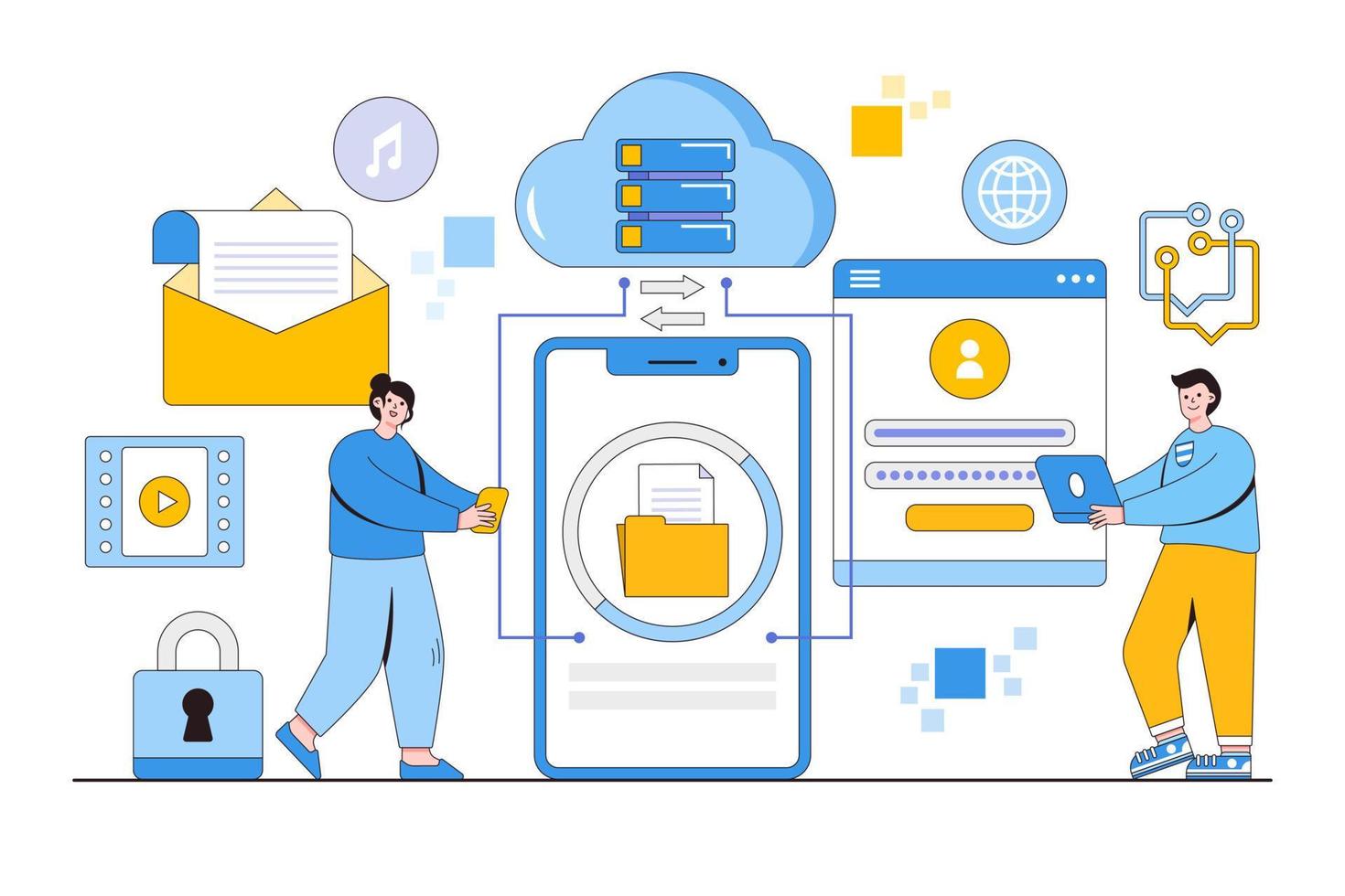 technologie cloud d'entreprise à plat sur téléphone mobile ou smartphone avec concept de travail d'administrateur d'équipe et de développeur. illustration vectorielle minimale de style de conception de contour vecteur