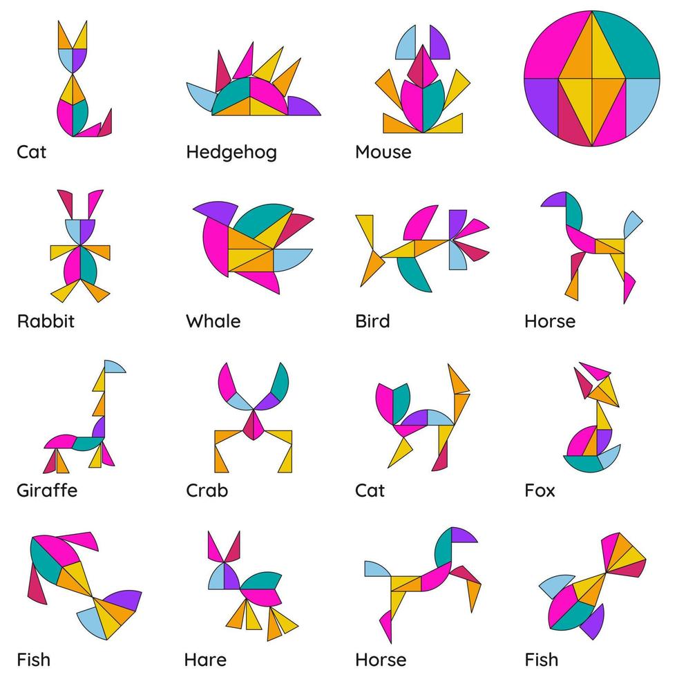 jeu de puzzle cercle magique pour les enfants. tangram. schémas avec différents animaux. illustration vectorielle vecteur