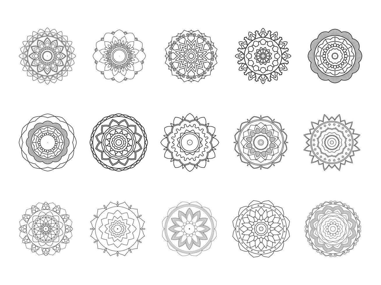 15 motifs circulaires de mandala pour le henné, le mehndi, le tatouage, la décoration. ornement décoratif de style oriental ethnique. lot de pages de livre de coloriage vecteur