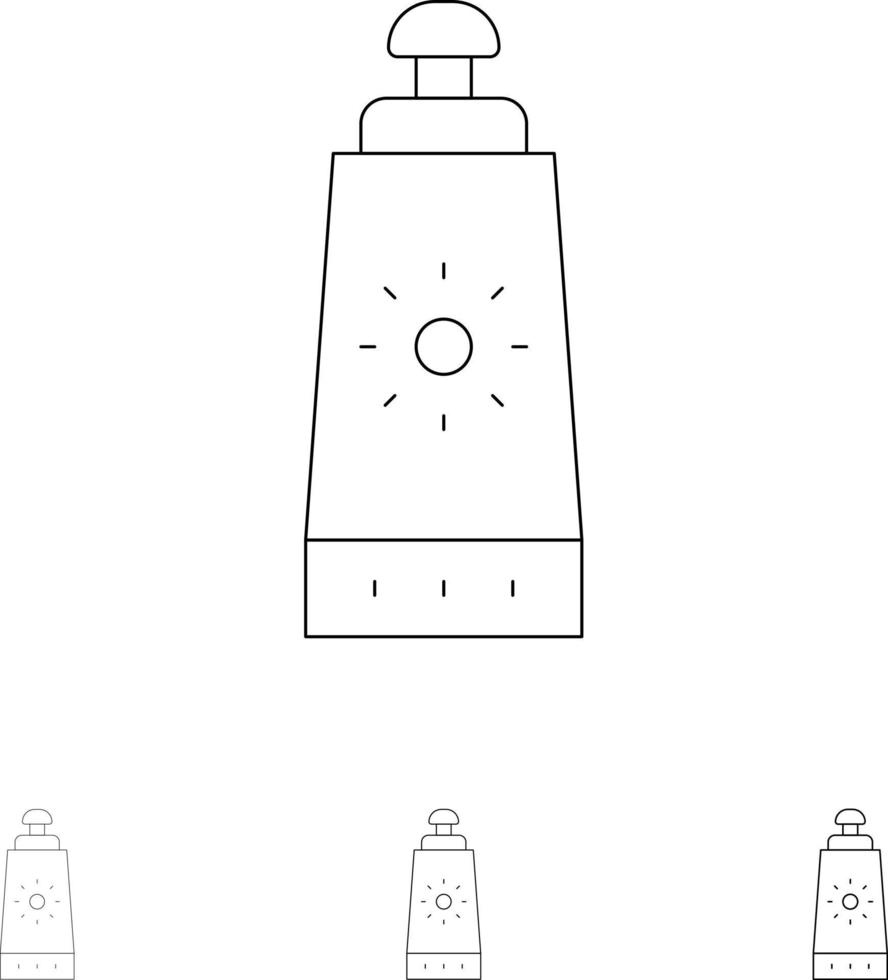 crème solaire de plage crème solaire audacieuse et fine ligne noire jeu d'icônes vecteur