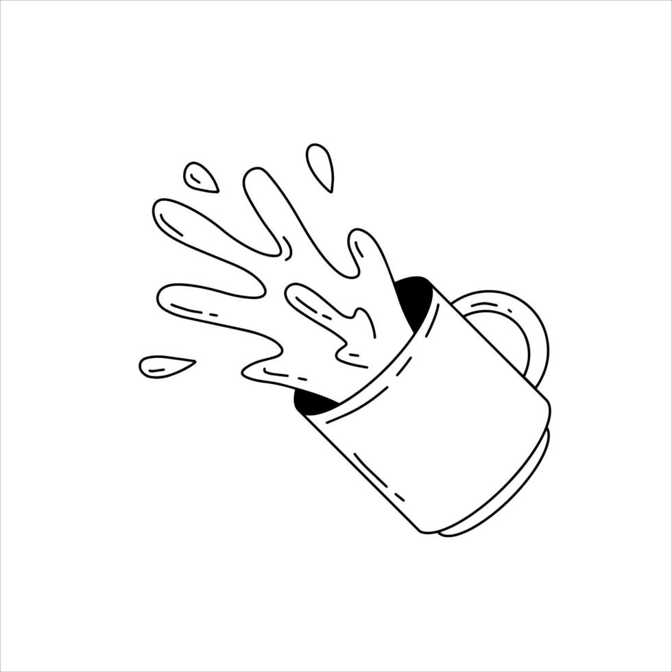 tasse de café renversée. vaporiser et déposer. manipulation bâclée dans la cuisine. boire avec de la caféine. illustration plate de dessin animé. vecteur