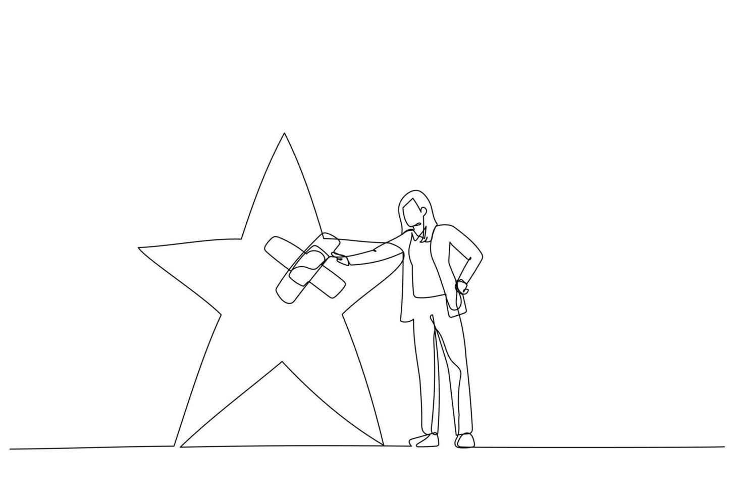 illustration d'une femme d'affaires fixant une étoile de notation cassée avec un bandage. métaphore de la gestion de la réputation. style d'art en ligne unique vecteur