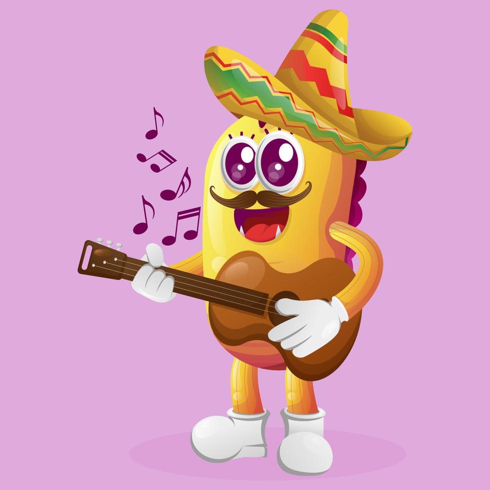 mignon monstre jaune portant un chapeau mexicain et jouant de la guitare vecteur