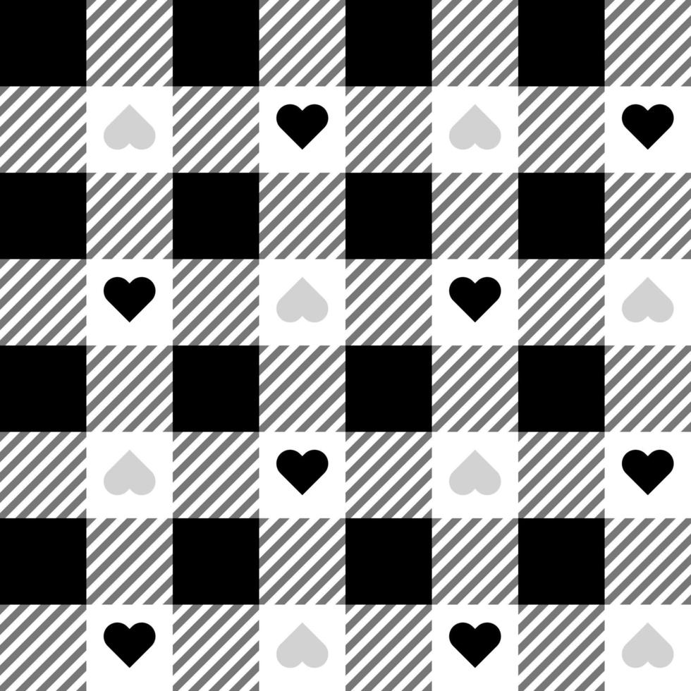 modèle sans couture damier fond forme de coeur blanc gris noir vecteur