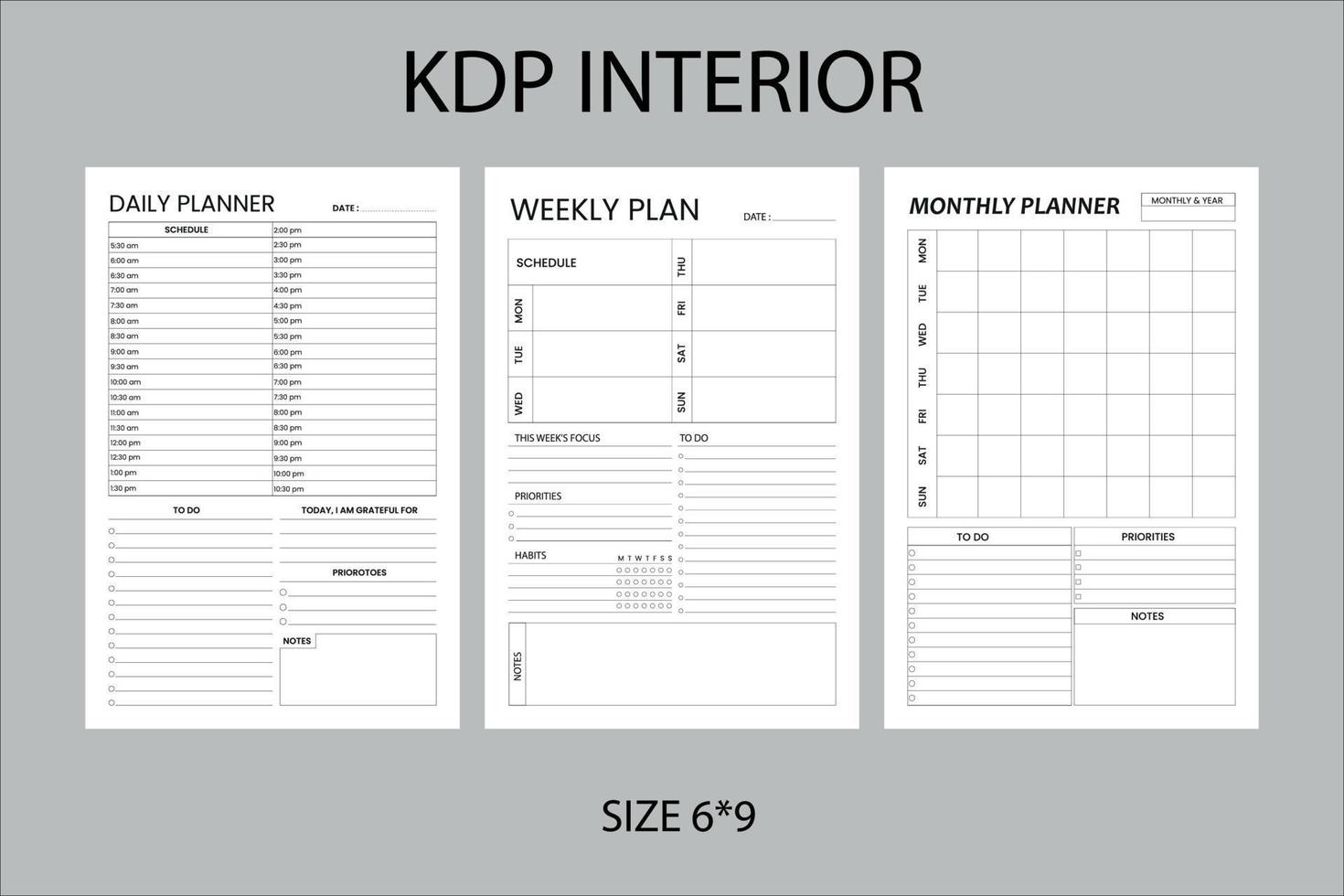 modèle kdp de planificateur mensuel hebdomadaire quotidien. modèles de pages de planificateur minimalistes vecteur