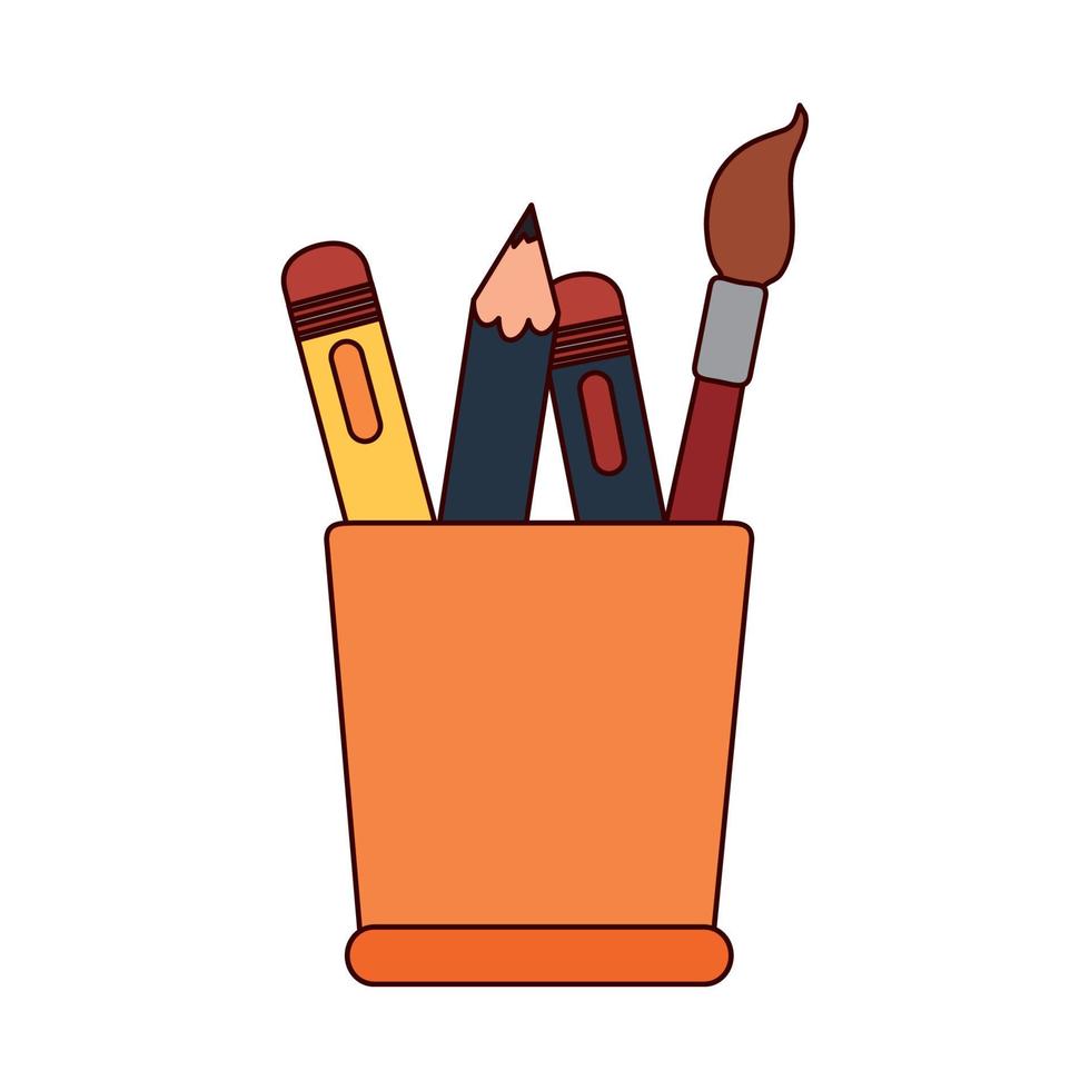 éducation scolaire pinceau stylo crayon fournitures dans une ligne de tasse et icône de style de remplissage vecteur